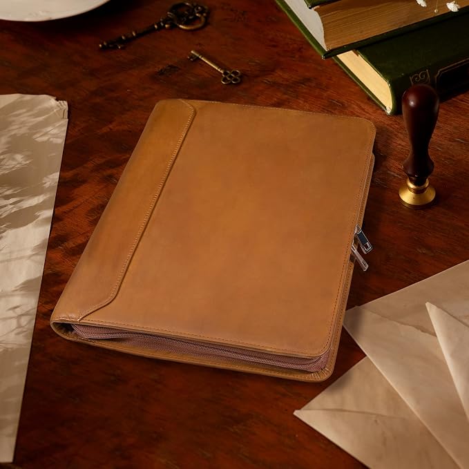 AZXCG Men's Genuine Leather Business Portfolio, Zippered Padfolio Organizer 3-Ring Binder, Organized Portfolio with Pen Rings, Business Card Holder, File Pocket, Holds 99% of iPad and Kindle Fire.