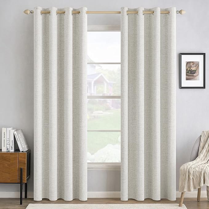 MIULEE 100% Blackout Linen Textured Curtains for Bedroom Solid Thermal Insulated Light Beige Grommet Room Darkening Curtains & Drapes Luxury Decor for Living Room 52 x 96 Inch (2 Panels)