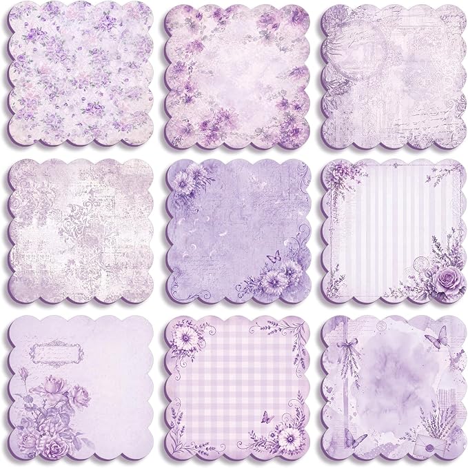 9 Pcs Scalloped Aesthetic Sticky Notes 3x3 Inch Vintage Colors Cute Wavy Self Sticky Note Pads Memo Pads for Journal School Office Supplies Decoupage Craft Stationery Gift(Vintage Purple)