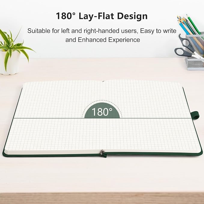 RETTACY Graph Grid Paper Notebook, 2-Pack, 192 Pages per Pack, A5 Medium Size (5.7'' x 8.3''), Leather Hardcover, 100 GSM Thick Paper, for School, Students, Math, Engineering (Black & Dark Green)