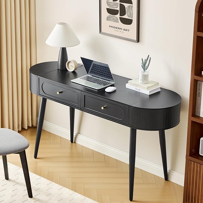 AVZEAR 59" Oval Fluted Home Office Desk, Mid Century Modern Computer Desk Wood Writing Desk with 2 Drawers + 2 Flip Storage, Farmhouse Vanity Table Executive Desk for Study, Living Room, Dorm(Black)