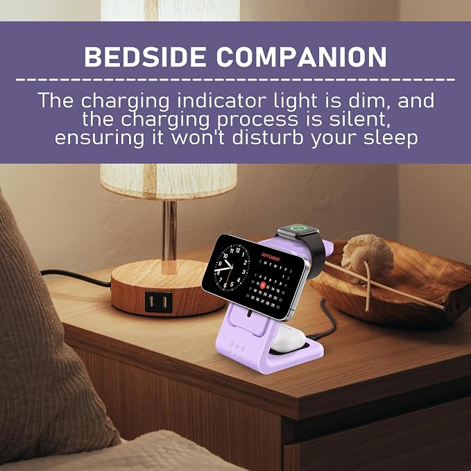 Smtcsl 3 in 1 Wireless Charging Station: 5000mAh Removable Power Bank Charger Stand for Phone/Watch/Air Pods - Portable Magnetic Battery Pack for Air 17 16 15 14 13 12 Series Purple