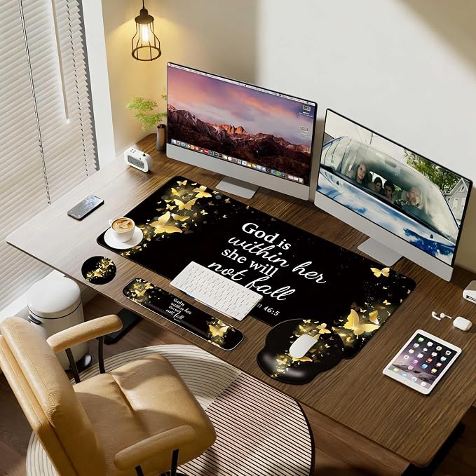 Desk Mat Set + Keyboard and Mouse Pad with Wrist Rest Support,4-in-1 Large Mousepad Computer Mats for Desktop Home & Office-Golden Butterflies
