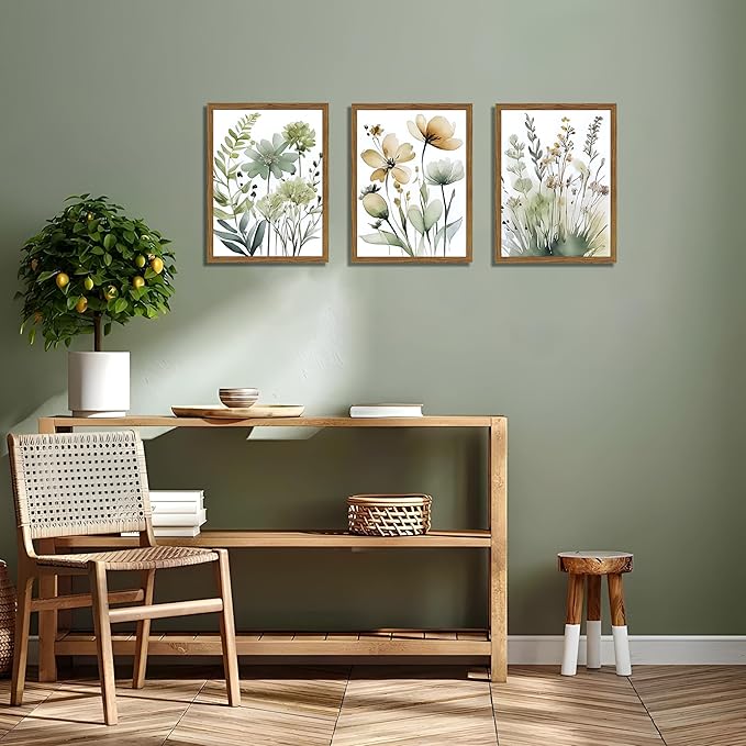 Wood Framed Sage Green Botanical Wall Art Set of 3, Boho Floral Canvas Wall Decor Paintings, Minimalist Flower Posters Prints Pictures for Bedroom Bathroom Living Room Home Decor 16x24 Inch
