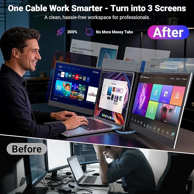 15.6" One-Cable Laptop Screen Extender, Ultra-Thin 1080P FHD Triple Portable Monitor, Travel Monitor for 13–17.3" Laptop, USB-C/USB-A Connection, Dual Monitor for Mac/Windows/Android(Driver Required)