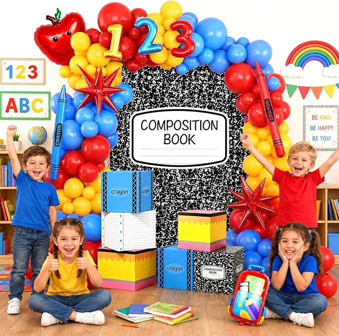 Back To School Decorations, Back to School Balloon Arch Kit with Composition Notebook Classroom Decor Backdrop Abc Boxes and Inflatable Pencils and Crayons for First Day of School Party Supplies