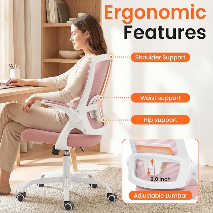 NEO CHAIR Office Chair High Back Desk Mesh Chair Comfy Computer Gaming Seat with Adjustable Ergonomic Lumbar Rolling Flip-up Armrests and Wheels (Pink)