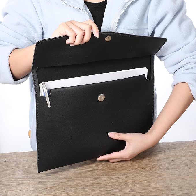 PU Leather A4 File Document Holder, A4 File Folder Waterproof Portfolio Envelope Folder Case with Snap Button Closure for Letter Size, Travel, Resume, Black