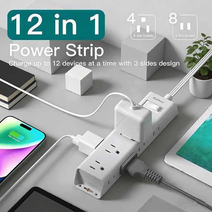 Addtam Short Extension Cord - 1FT Power Strip Surge Protector, 12 Widely AC 3 Sides Multiple Outlets, 1050J Outlet Extender Surge Protector, Wall Mount, Desk Charging Station for Dorm Room Essentials