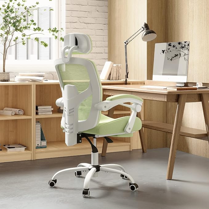 Home Office Desk Chair, Comfortable Mesh Chair with Foot Rest, Green | Reclining Gaming Chair with Headrest and Lumbar Support, 90°-130° Reclining, Silent Swivel