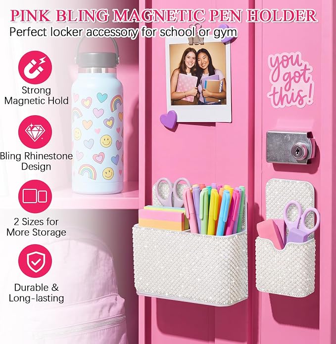 MotiMind 2 Pcs White Bling Magnetic Marker Holder Women Girl Locker Accessories Marker Pen Pencil Holder for Refrigerator Whiteboard Sparkly Gift Desk Organizer for School Office (Pearl)