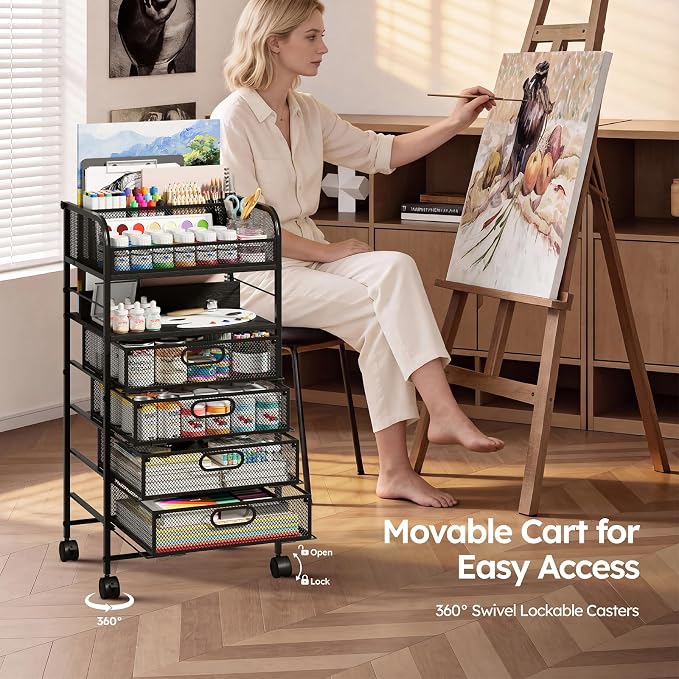 Rolling Art Cart with 4 Drawers, Black | Art Supplies Organizer, 5-Tier Storage, Adjustable Dividers, Anti-Pull Mesh Drawers, Metal Frame, 4 Casters with 2 Locks
