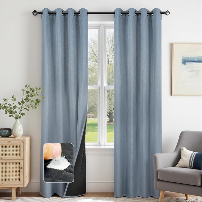 DriftAway Blackout Soundproof Thermal Insulated Linen Textured Curtains with Quilted Thermal Lining for Cold and Heat Blocking Noise Reducing Daytime Sleep 1 PC 52 Inches by 96 Inches Dusty Blue