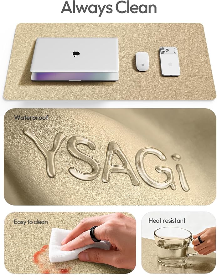 YSAGi Leather Desk Pad Protector, Office Desk Mat, Large Mouse Pad, Non-Slip PU Leather Desk Blotter, Laptop Desk Pad, Waterproof Desk Writing Pad for Office and Home (Gold,47" x 17")