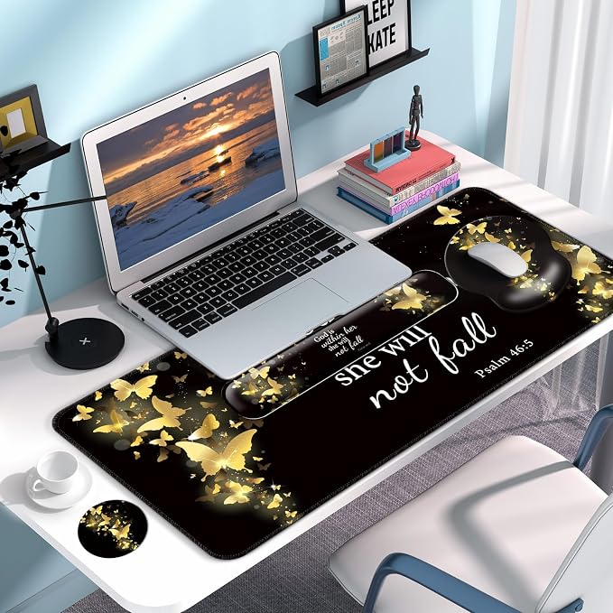 Desk Mat Set + Keyboard and Mouse Pad with Wrist Rest Support,4-in-1 Large Mousepad Computer Mats for Desktop Home & Office-Golden Butterflies