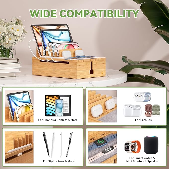Pezin&Hulin Charging Station for Multiple Devices with 10 Port HUB, 6 Cable | USB Charger Dock Organizer , Cable Management Organizer for Cell Phones, Tablets - Bamboo, Natural Color