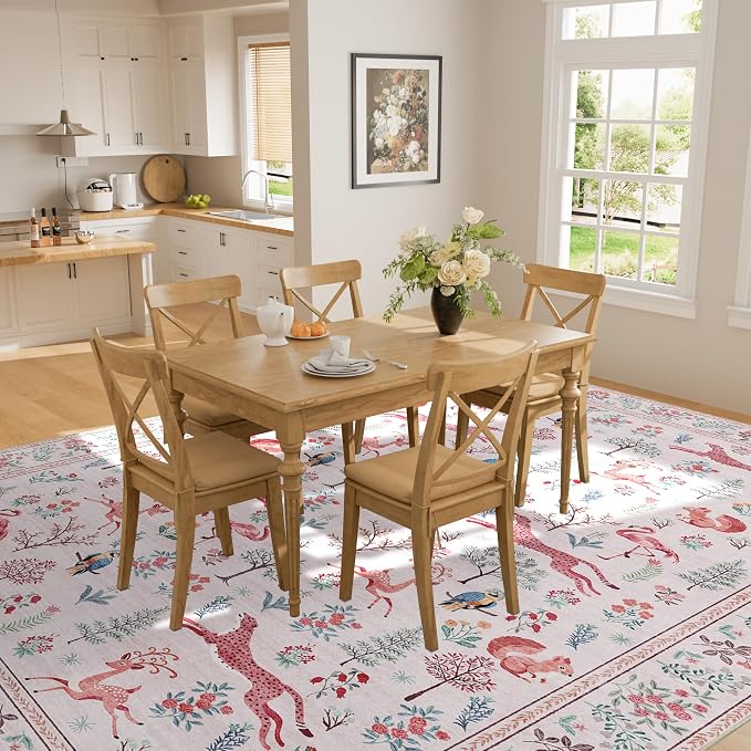 DUKINO 8x10 Rug, Washable Animal Living Room Rug with Non Slip Vintage Design, Soft Low Pile Large Carpet for Bedroom, Nursery, Dining Room, Farmhouse, Playroom, Pink