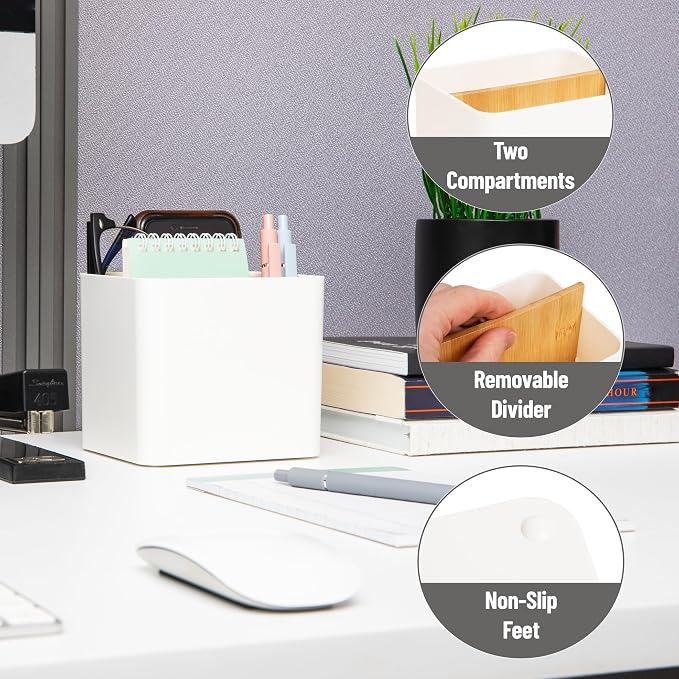 Mind Reader 2-Compartment Desktop Organizer, Removable Wood Divider, Non-Slip Base, Plastic and Wood, White