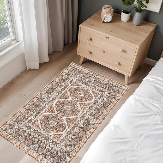 Washable Area Rug Non Slip - 2x3 Small Kitchen Boho Rug Vintage Entryway Low Pile Carpet for Doormat Brick (Brick, 2x3)