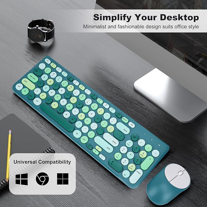 Wireless Keyboard and Mouse Combo, Retro Typewriter Keyboard with Round Keycaps, 2.4GHz USB Cute Wireless Keyboard Mouse for Computer, Desktop (Green)