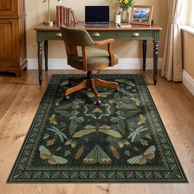 3'x4' Dark Green Office Chair Mat for Hardwood Floors, Insect Boho Design,Non-Slip Low Pile Desk Rug, 36"x48" Small Area Rug for Computer Desk Home Office, Machine Washable WFH Essential for Dorm Room