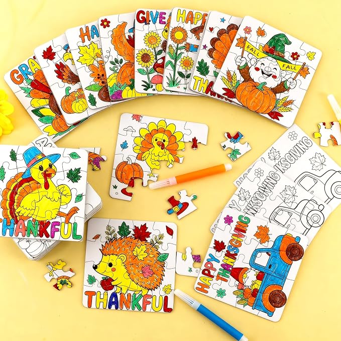 24Set Fall Thanksgiving Crafts for Kids Toddlers Adults, Thanksgiving Art Craft DIY Kit Blank Puzzle Pumpkin Turkey, Autumn Classroom Activities for Party Favors Gift Coloring Games Toys Supplies Bulk