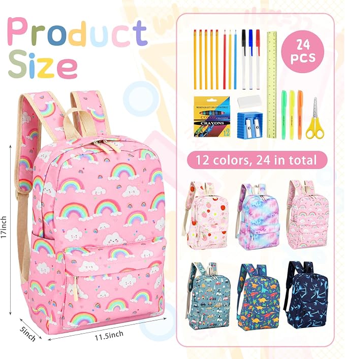 17'' Backpacks Bulk with Supplies Stationery Kits, Printed Bookbags and Writing Accessories Kit for Donation(Cute,6 Pack)
