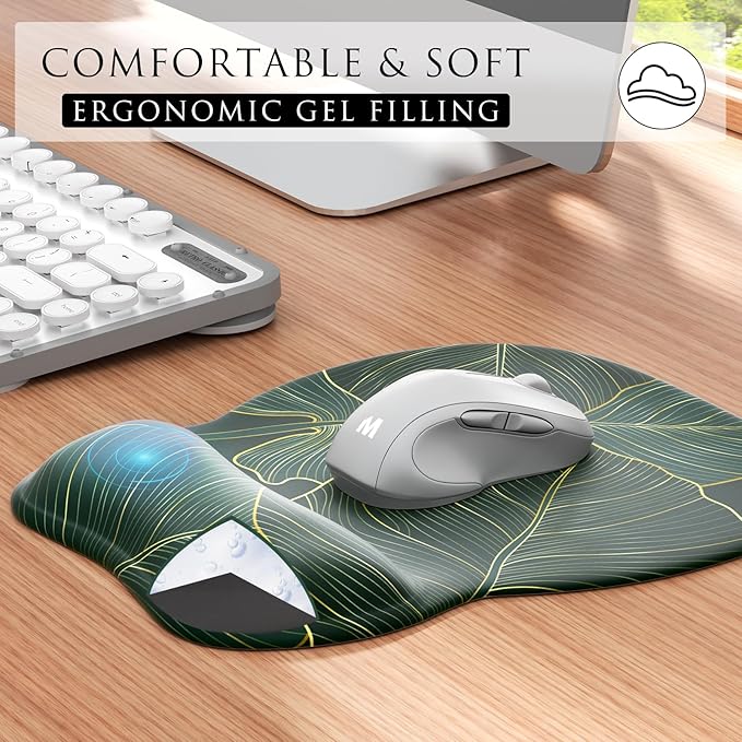 MROCO Ergonomic Mouse Pad with Gel Wrist Rest, Smooth Wrist Support Surface, Non-Slip PU Base for Pain Relief, Comfortable Mousepad for Computer, Laptop, Office & Home, 9.4 x 8.1 in, Green Leaves