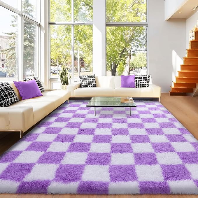 Area Rugs for Living Room 9x12, Ultra Fluffy Shag Checkered Rug Modern Washable Carpet Soft Shaggy Non Slip Indoor Plush Fuzzy Rugs for Bedroom Dorm Office Home Aesthetic Decor, White and Purple