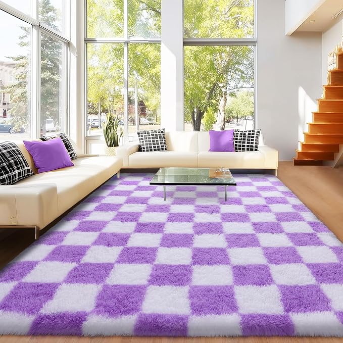 Area Rugs for Living Room 6x9, Ultra Fluffy Checkered Rug Fuzzy Shag Shaggy Carpets for Bedroom, Modern Non-Slip Indoor Soft Plush Furry Rug for Boy Girls Room Dorm Home Decor, White and Purple