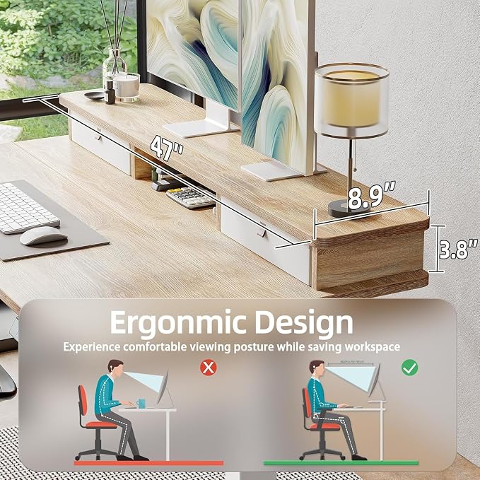 TIQLAB Standing Desk with Two Drawers, Stand Up Standing Desk Adjustable Height, Electric Sit Stand Table with Storage Shelf and Splice Board, 48 * 24 inch, Maple