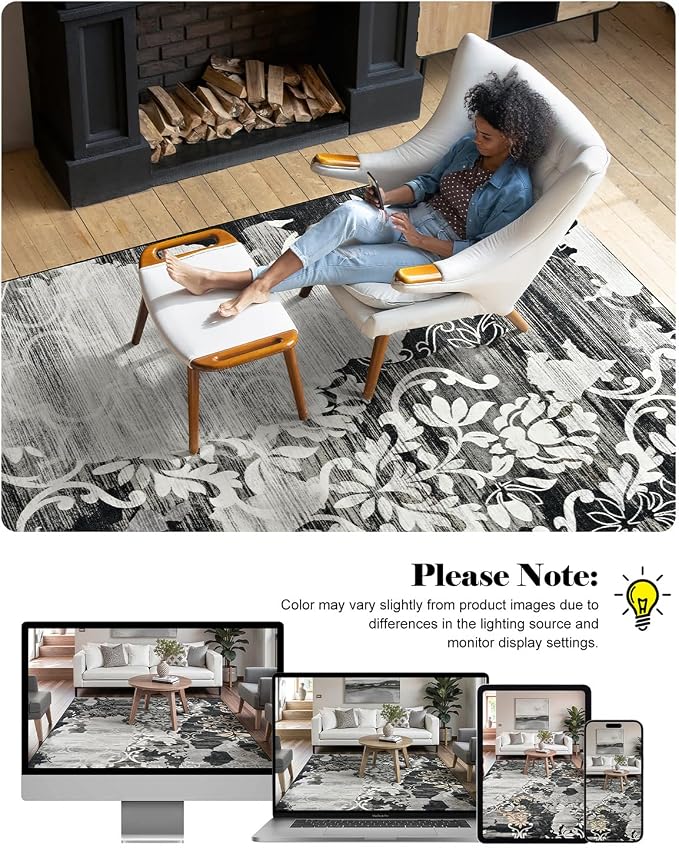 Washable Abstract Rug, 5x7 Black Floral Area Rugs with Non-Slip Rubber Backed for Bedroom, Low Pile Modern Throw Carpet Kitchen Living Room Decor