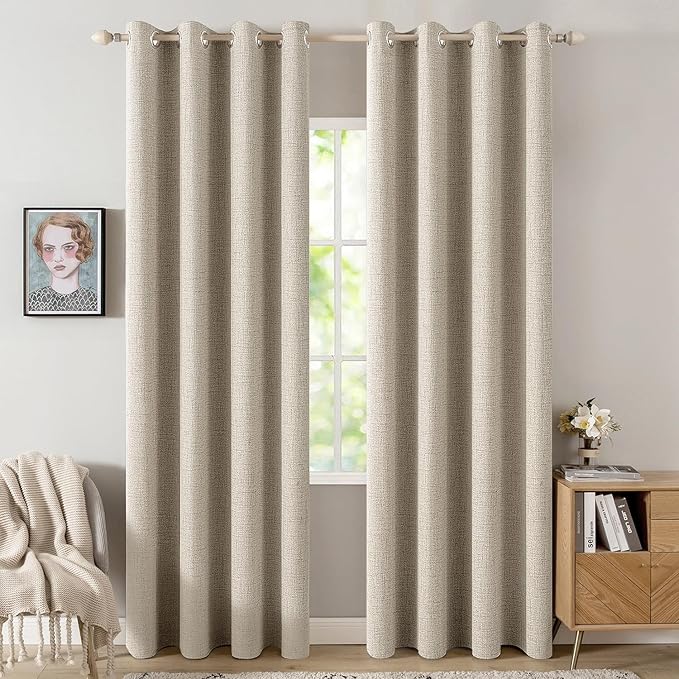 MIULEE Linen Curtains 100% Blackout for Bedroom Thermal Insulated Stone Grommet Room Darkening Curtains & Drapes Fall Decor for Living Room 52 x 72 Inch (2 Panels)
