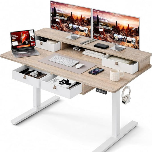 Grandder Electric Standing Desk with Four Drawers, Sit to Stand Up Height Adjustable Desk with Storage Shelf for Home Office, 47 * 28 Inch, Study, Ergonomic Adjustable Computer Desk, Maple