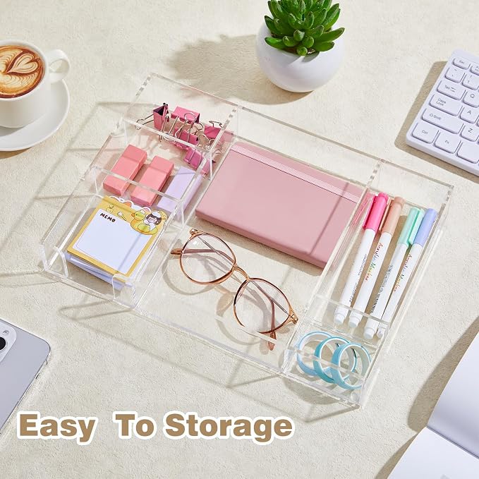 Briwooody Clear Acrylic Drawer Organizer,6 Compartments,Large | 12.8 x 8.8 x 12.6 Inch Desk Storage Tray Organizer for Pen, Stationery, Desktop, Office, Bathroom, Kitchen, Makeup Supplies