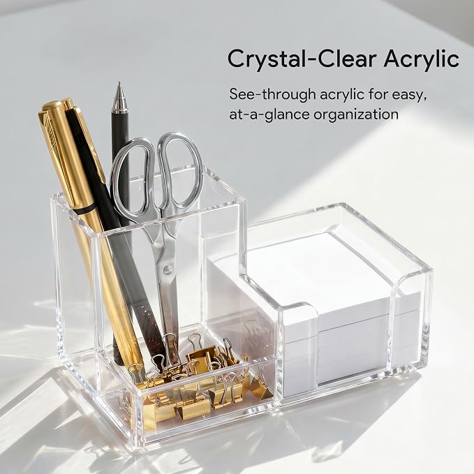 HBlife 2-Pack Acrylic Pen Holder for Desk, 3-Compartment Small Desk Organizer, Clear Office Supplies Desk Accessories with Sticky Notes Holder Stores Post It Notes 3X3 for Office, Home and School