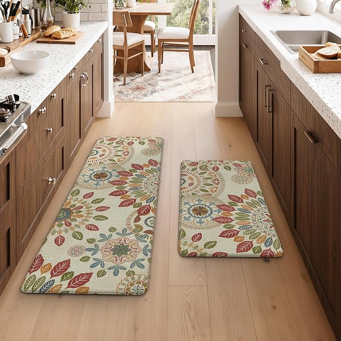 GENIMO Anti Fatigue Kitchen Mats for Floor 2PCS, Cushioned Standing Mats | 17.3"x47"&17.3"x30", Beige Red vintage floral rug set, waterproof, non slip, easy-clean for farmhouse