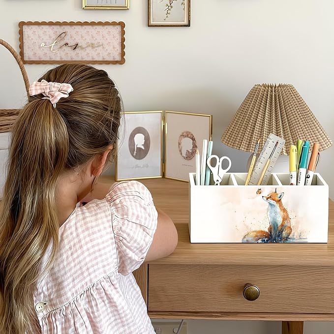 Fox Pen Pencil Holder for Desk Accessories, Fox Gifts for Women, Animal Lovers Gifts, Rustic Butterfly Wild Animal Wooden Box Sign Decorations for Kids Room Home Office Desk Tabletop