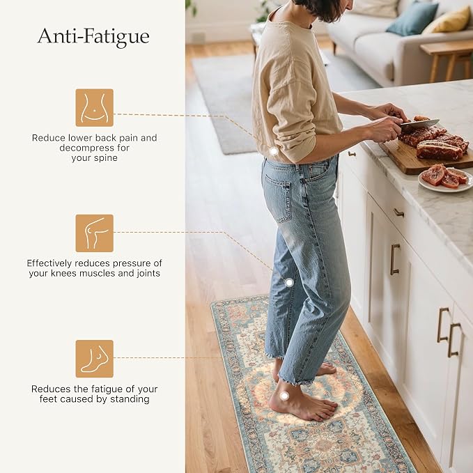 GENIMO Kitchen Mats for Floor 2PCs, Washable Anti Fatigue Mat for Cushioned, 17.3"x47"+17.3"x30", Waterproof Kitchen Rugs, Non Slip Comfort Standing Mat Rug for Home, Sink, Laundry, Blue&Salmon