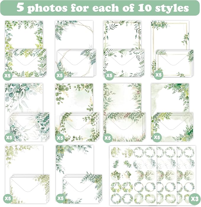 Stationery Paper Envelopes Set 160 Pcs - 50 Lined Writing Paper, 50 Envelopes, 60 Dot Stickers, Vintage/Floral/Leaf/Watercolor Multi-Style Options (STATIONERY-160PCS-LEAF)