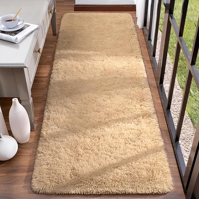 HOMORE 2x6 Runner Rugs for Bedroom, Light Tan Runner Rug for Hallway Entryway Laundry, Modern Shag Bedroom Runner Cute Carpets for Kids Dorm Bedside