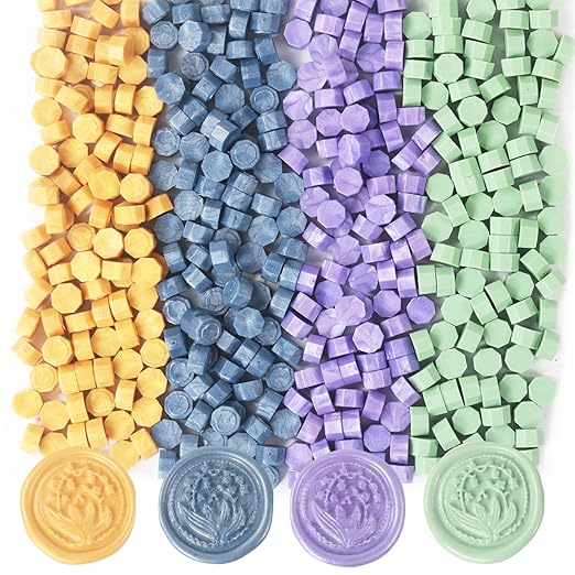 400Pcs Assorted Color Wax Seal Beads, 4 Colors Retro Gold/Olive Green/Pearl Purple/Steel Blue Sealing Wax Beads Kit for Stamp Seals, Decor for Envelope Letter Wedding Invitation(Gold Green Purple Mix)