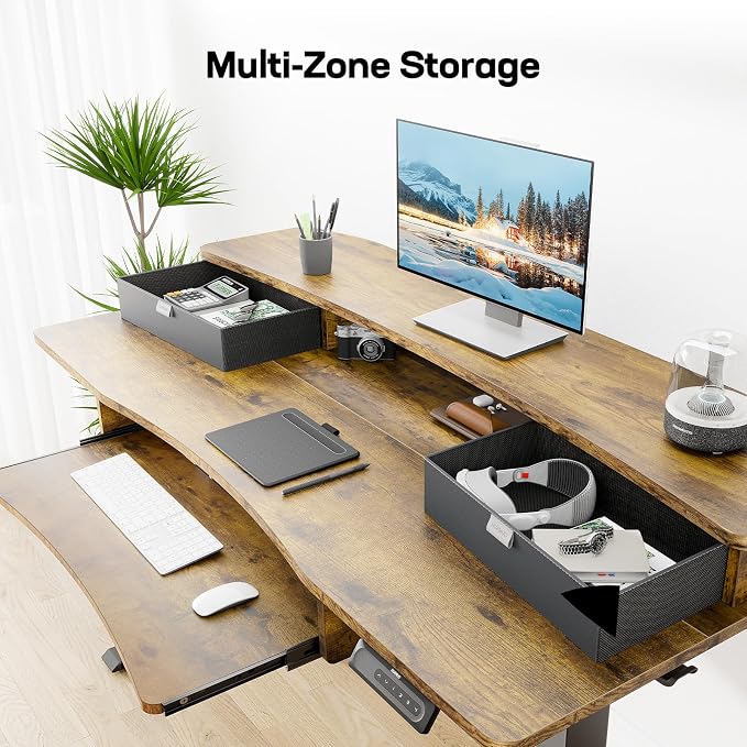 HUANUO 55" x 26" Electric Standing Desk, 2 Drawers & Keyboard Tray, Vintage | Ergonomic Desk with 2 Drawers: 27.9"-46.8" electric lifting. 26.7" keyboard tray & C-clamp mount top maximize workspace