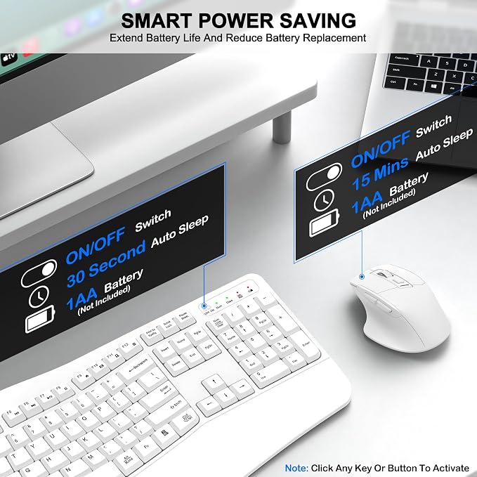 Wireless Keyboard and Mouse Combo, 2.4G Full Size Wave Keys Ergonomic Keyboard with Wrist Rest and 3-Level DPI Adjustable Wireless Ergonomic Mouse for Windows, Mac OS Desktop/Laptop/PC(White)