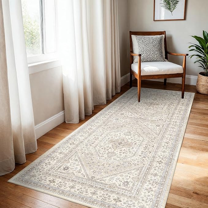 3x6 Runner Rug for Hallway Washable: Non Slip Kitchen Rugs with Rubber Backing Soft Waterproof Wide Mats Stain Resistant Low Pile Carpet for Entryway Bedroom Bathroom Laundry Home Decor Beige/Gray