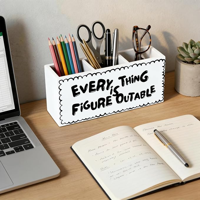 Black and White Inspirational Wooden Pen Holder for Desk, Positive Affirmations Desk Decor, Retro Trendy Motivational Pencil Organizer Wooden Box Sign for Home Office Decoration
