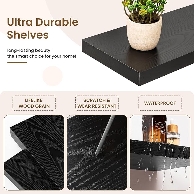 32in Floating Shelves for Wall, 32"W x 9.25"D x 1.25"H, 2 Pack Long Wall Mounted Engineered Wood Shelves with Invisible Brackets for Living Room, Bedroom, Bathroom, Kitchen Decor and Storage, Black