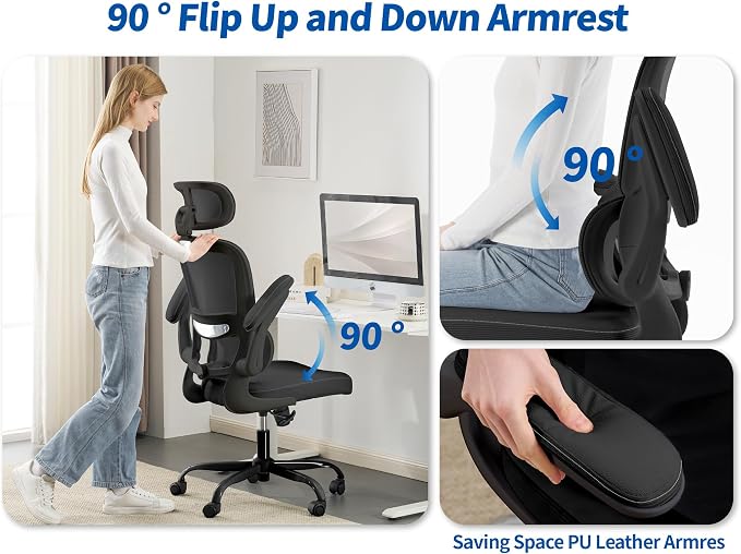 TRALT Ergonomic Office Chair - Desk Chair with Adjustable Headrest Lumbar Support Computer Chair - Mesh Comfy Chair with Flip-up Armrests - Gaming Chair for Adults Home Office PU, Black, Pack of 4