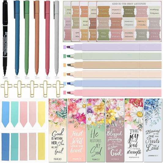 Bible Study Supplies for Women, Bible Journaling Kit with Highlighters & Pens, Bible Tabs for Women, Sticky Notes, Bookmarks & Cross Clips – Bible Annotation Kit for Scripture Study(30pcs)