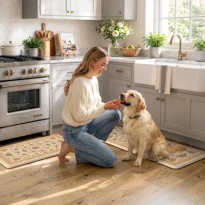 KIMODE Kitchen Mats for Floor 2 Piece Anti Fatigue Cushioned Kitchen Rugs | 17 x29+17"x47", Beige,Vintage Butterfly,Non Slip Waterproof,Memory Foam,Standing Mats,for Laundry Sink Office Home Decor